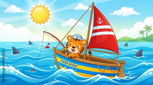 Cheerful Cartoon Tiger Scout Fishing in a Sailboat on a Sunny Ocean
