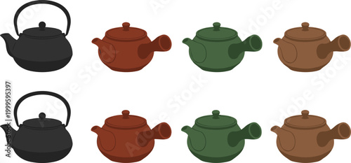 Teapot Collection Set with Traditional Kettle Designs in Different Colors, Ceramic Tea Pots for Kitchen, Beverage Preparation and Home Decor Vector Illustration