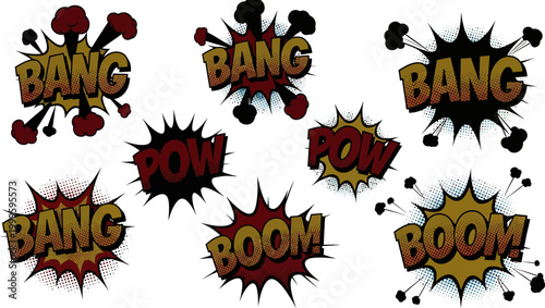 comic book explosion speech bubbles with bang pow boom text on white background