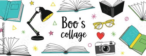 Hand Drawn Book Collage Set with Lamp Glasses Camera and Doodle Elements Sketch Style Vector Illustration for Education