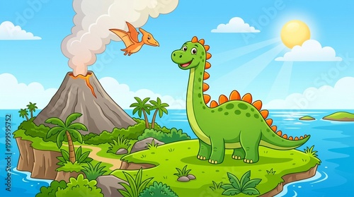 Cheerful Cartoon Dinosaur and Pterodactyl over Erupting Volcanic Island