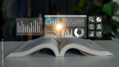 Canvastavla An open book with a glowing lightbulb symbolizes the fusion of knowledge and technology, illustrating ERP innovation and data-driven insights in business management
