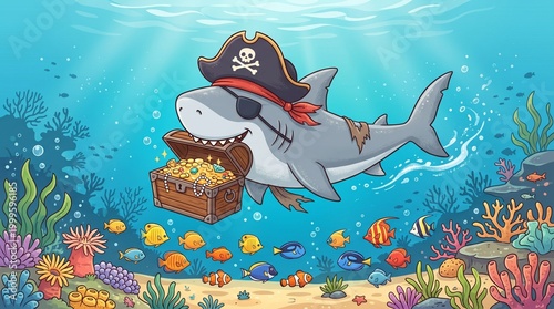 Whimsical Cartoon Pirate Shark with Treasure Chest in Colorful Underwater World