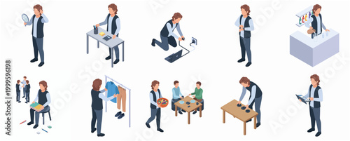 Isometric Character Collection Representing Various Activities and Occupations in Daily Life