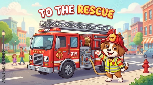 Happy Cartoon Firefighter Dog Waving on a City Street with a Fire Truck