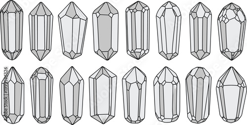 Hand Drawn Crystal Gemstone Collection Various Shapes Outline Sketch Style Black and White Vector Illustration Set for Design