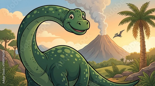 Happy Cartoon Brontosaurus in Prehistoric Landscape with Flying Pterodactyl and Volcano