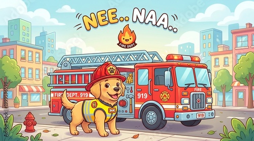 Playful Cartoon Puppy Firefighter with a Red Truck in a Vibrant City Street