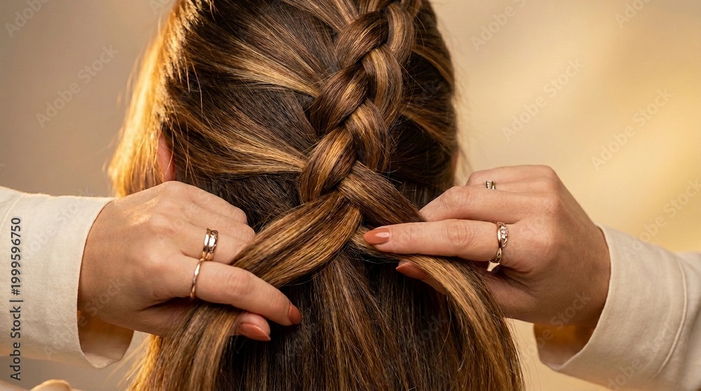 Fototapeta premium Close-up of hands braiding long, highlighted brown hair with warm lighting