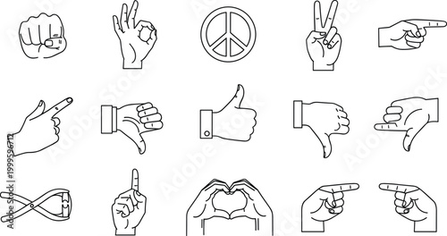 Hand Gesture Icon Set with Line Art Style Including Thumbs Up Peace Sign Heart and Finger Pointing Symbols