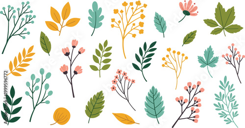 Collection of colorful leaves and branches on white background with various shapes and hues of green yellow orange and pink