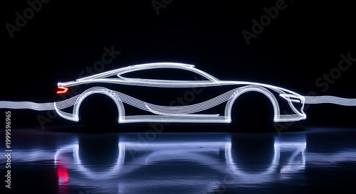 light painting of a sports car silhouette with glowing lines in the dark
