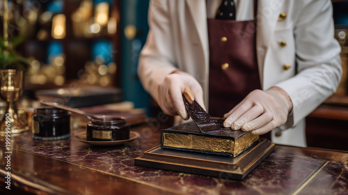 Artisan bookbinder pressing gold leaf onto a leather spine using heated finishing tools, gilded letters forming under steady hand pressure, luxury interior workshop with walnut she