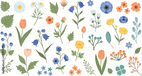 Colorful assorted flowers and foliage in a whimsical watercolor arrangement on white background