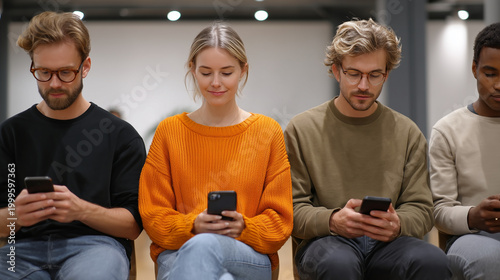 Group of five beta users seated in a row on mismatched chairs, each silently interacting with early app prototypes on identical devices in a neutral testing room, ideal for beta te