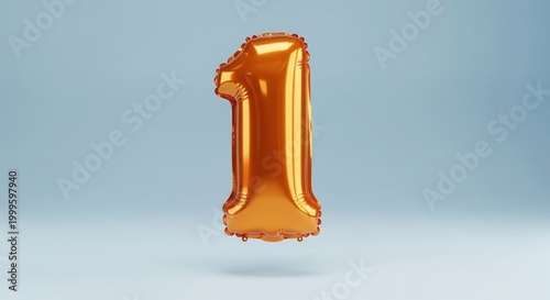 Orange Foil Number 1 Balloon Floating on Blue Background