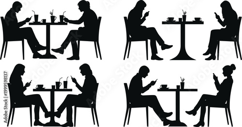 Silhouettes of People Using Smartphones at Cafe Tables with Coffee and Drinks in a Modern Setting for Digital Lifestyle and Social Media Themes