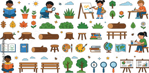 Diverse kids learning in nature with school supplies plants and outdoor education vector element set