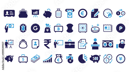 Finance and Business Icon Set in Blue Vector Style