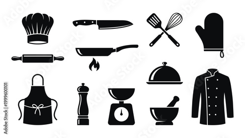 Black and white kitchen tools and chef icons set