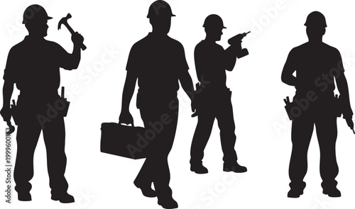 Silhouettes of four construction workers with tools