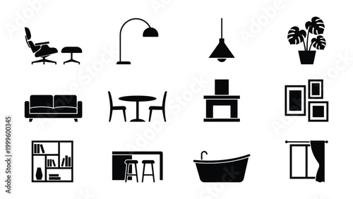 Minimalist black and white interior furniture icons set