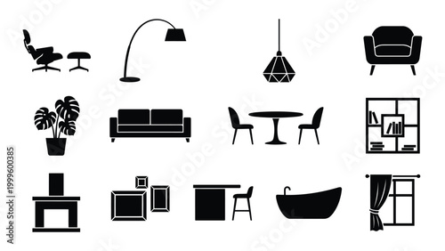 Minimalist black and white furniture icons set