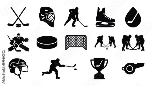 Ice hockey sports icons and equipment set