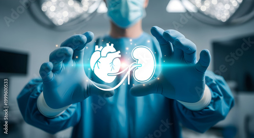 Surgeon holding glowing heart and kidney symbols in hands symbolizing organ donation and health.