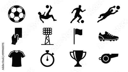 Flat soccer sports icons set with various actions and equipment