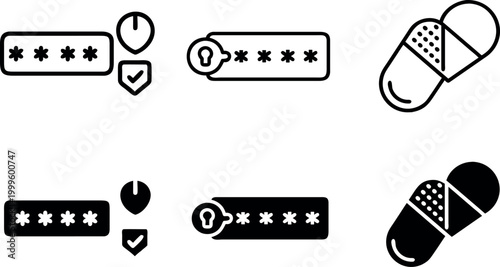 Vector icon of lock and key with stars and check mark isolated on white background
