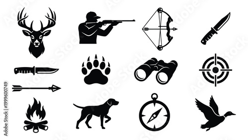 Black and white hunting and camping icons set