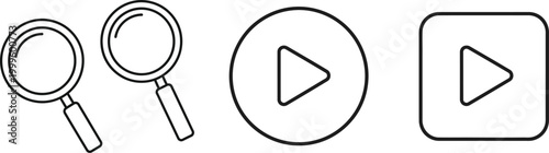 Search and play icons magnifying glasses circle play button and square play button