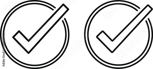 Two hand drawn check mark icons in circles black and white illustration