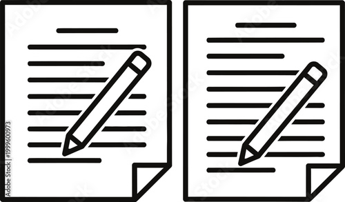 Hand drawn style illustration of two documents with pens simple black and white design