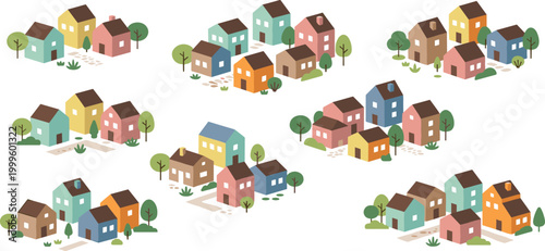 Isometric vector collection of colorful small houses cute residential neighborhoods and suburban village buildings