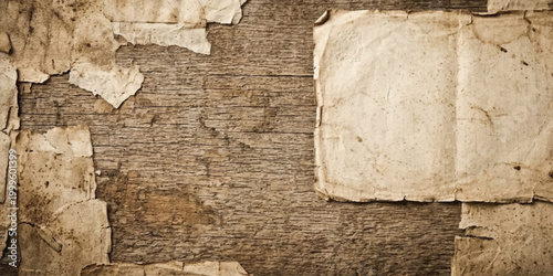 Vintage background featuring torn aged paper scraps on a rustic wooden surface. Elegant weathered texture perfect for historical themes, scrapbooking, and rustic digital storytelling.