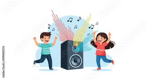 Two happy children jumping and dancing with joy next to a large speaker with colorful musical notes and sound waves above.