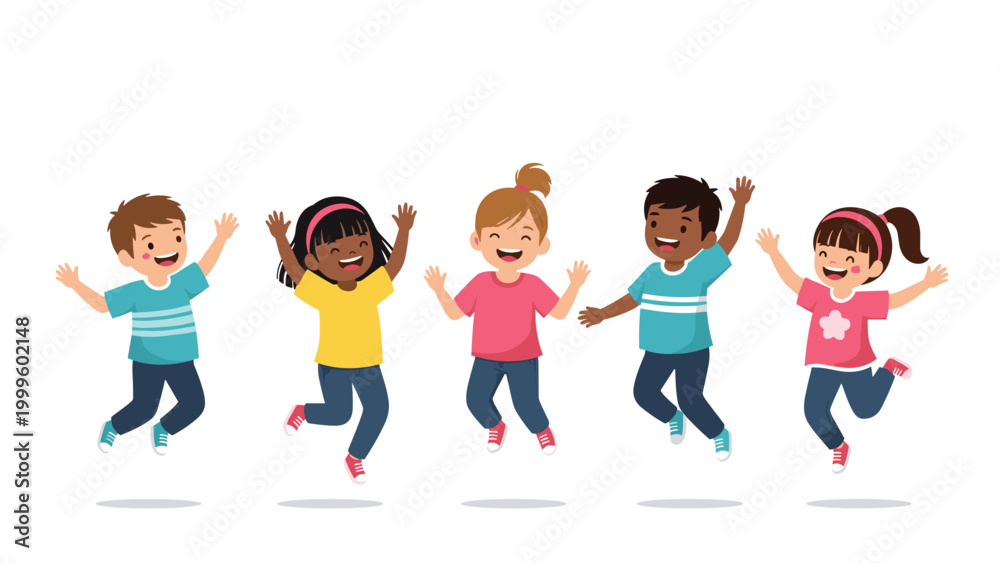 Obraz premium Five joyful children of various backgrounds jumping high into the air with excitement and happiness against a clean white background during play.