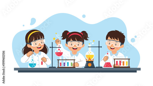 Three young children wearing safety goggles and lab coats conducting science experiments with colorful chemicals in test tubes and glass beakers.