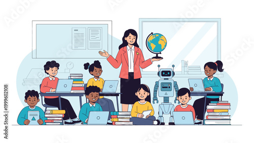 Female teacher in a modern classroom using a globe, laptops, and a robot to teach a diverse group of students about technology and geography.