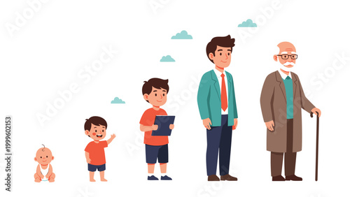 Educational illustration showing the different stages of human growth and aging from an infant and toddler to a schoolboy, adult, and elderly man.