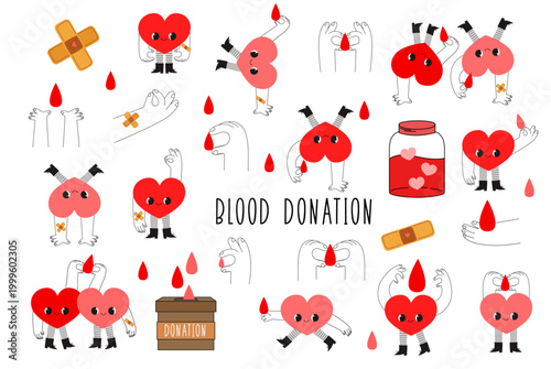 Hand drawn illustration with hands, hearts, blood drops, donation box. Ideal for World Blood Donor Day, blood donation campaigns, charity events or medical materials