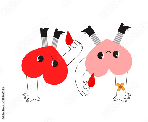 Funny hand drawn cartoon illustration with upside down legs and heart characters giving blood. Ideal for World Blood Donor Day, medical humour or donation concepts