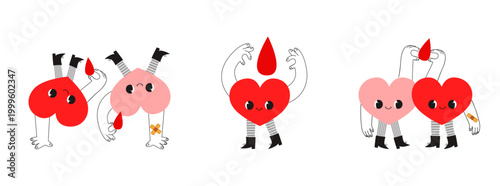 Set of three cute hand drawn heart characters in different donation poses. Suitable for World Blood Donor Day, charity, support or friendship designs