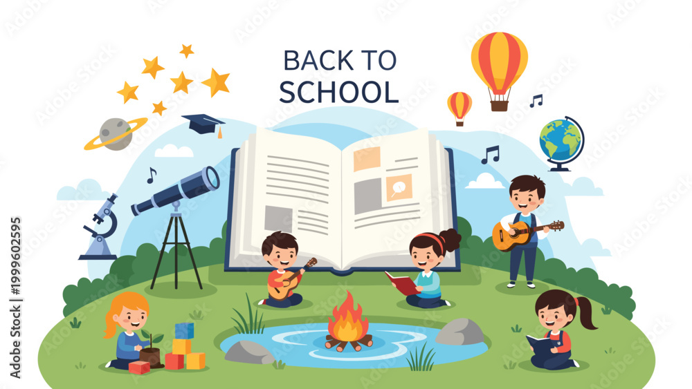 Naklejka premium Children participate in diverse educational and creative activities around a cozy campfire including reading, playing music, and stargazing.
