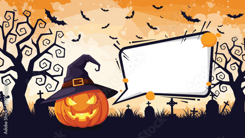 Spooky Halloween themed background features a carved jack-o-lantern wearing a witch hat and a blank speech bubble in a dark graveyard setting.
