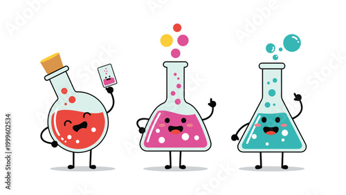 Trio of cute anthropomorphic science beakers with happy faces and colorful liquid representing fun and engaging chemistry experiments for kids.
