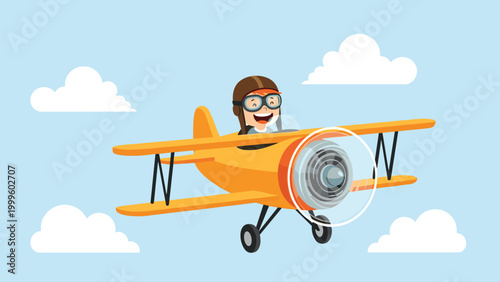Little boy pilot wearing a helmet and goggles flies a vintage yellow biplane through a clear blue sky filled with fluffy white clouds.