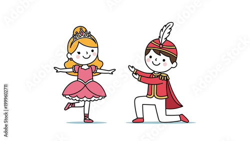 Beautiful little ballerina in a pink dress and crown performs a dance while a young prince in a royal red uniform kneels before her.